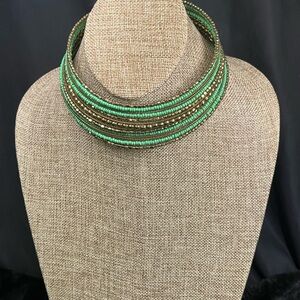 Gold Tone Brass & Green Glass Collar Bib Multistrand Tribal Style Necklace Choke